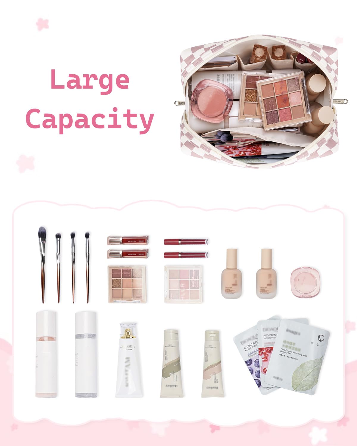 Open Narwey Initial Makeup Bag showing organized compartments