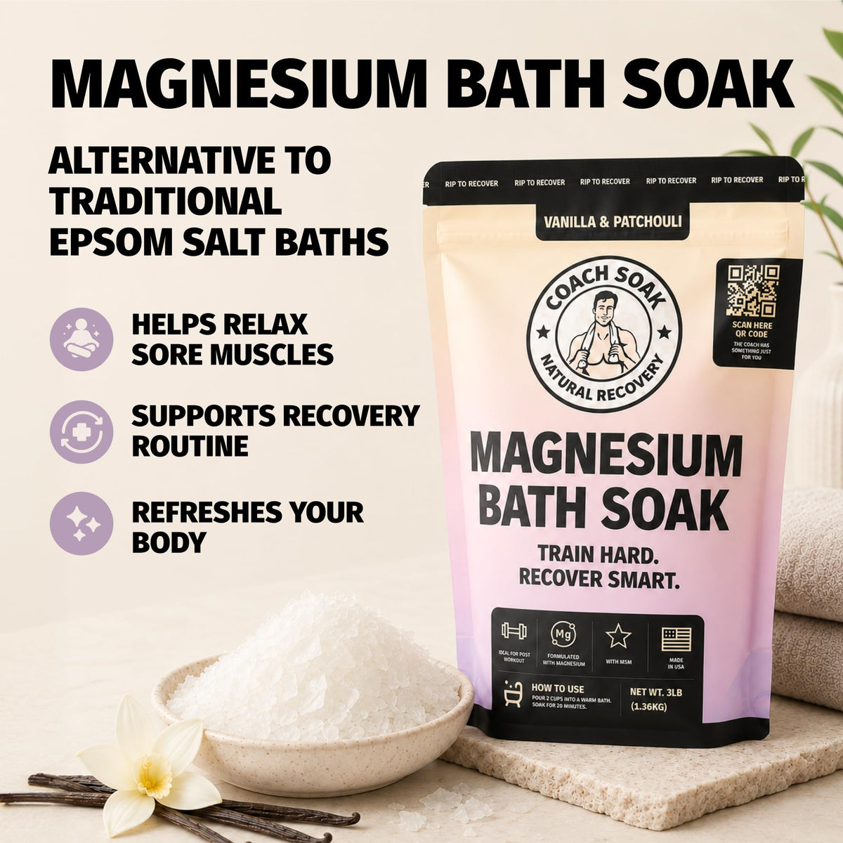 Open package of Coach Soak Magnesium Bath Salts showing texture