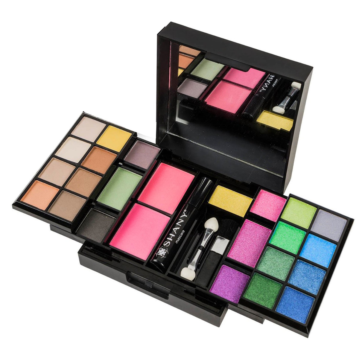 Open view of SHANY Woke Up Like This Makeup Kit showing eye shadows and blushes