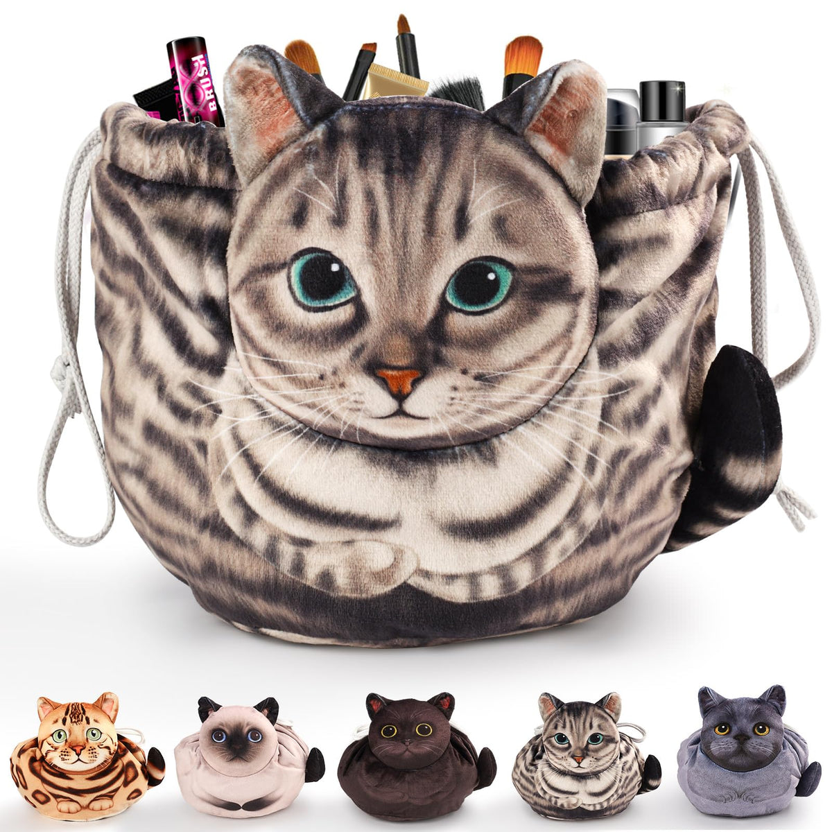 Openhahaha Cat Makeup Bag front view with drawstring
