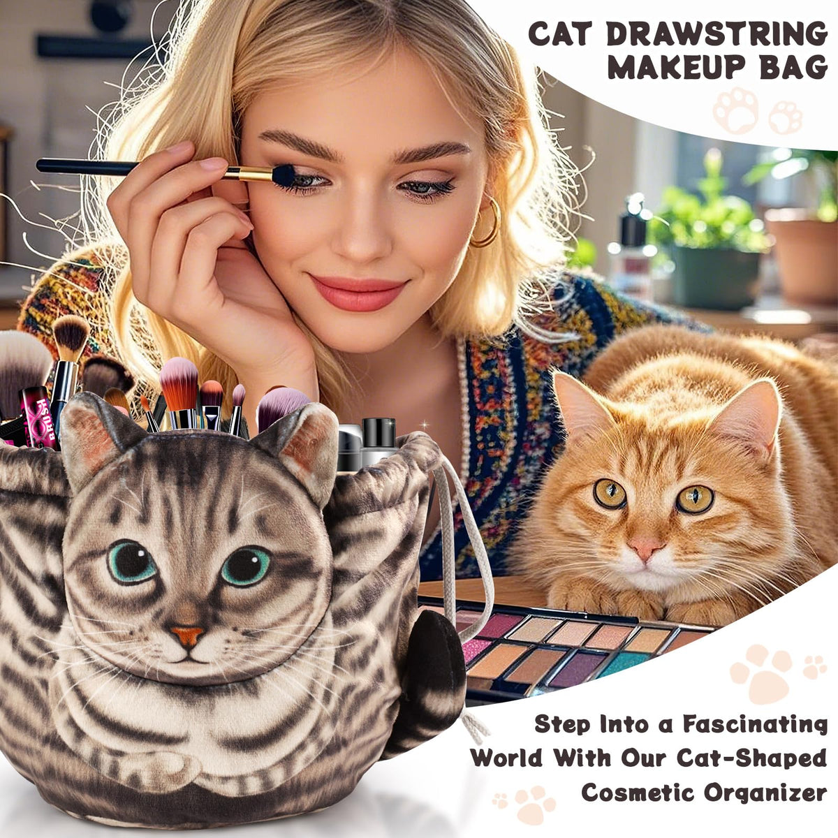 Openhahaha Cat Makeup Bag side view showing 3D cat head