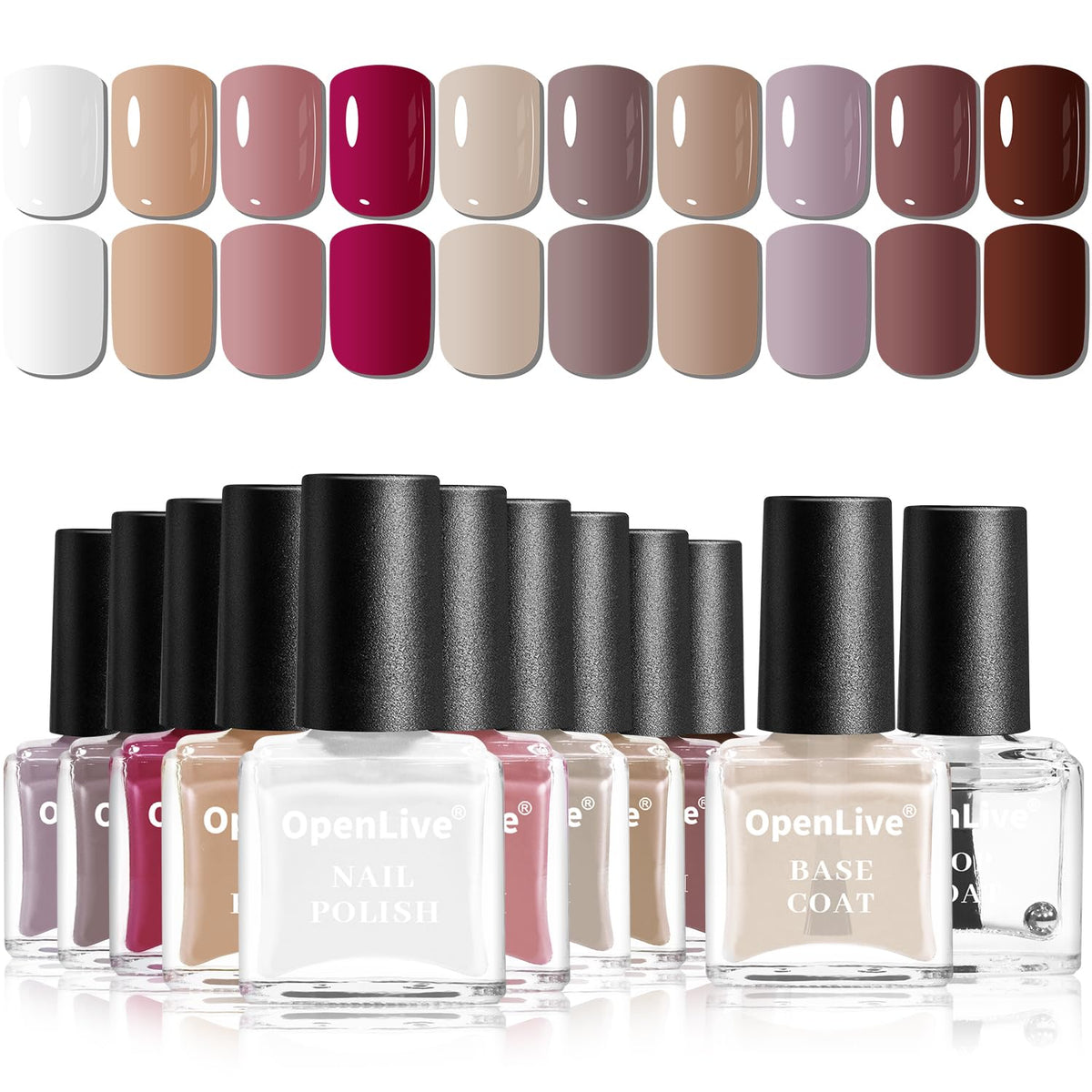 OpenLive 12 PCS Nail Polish Set with base and top coat, front view