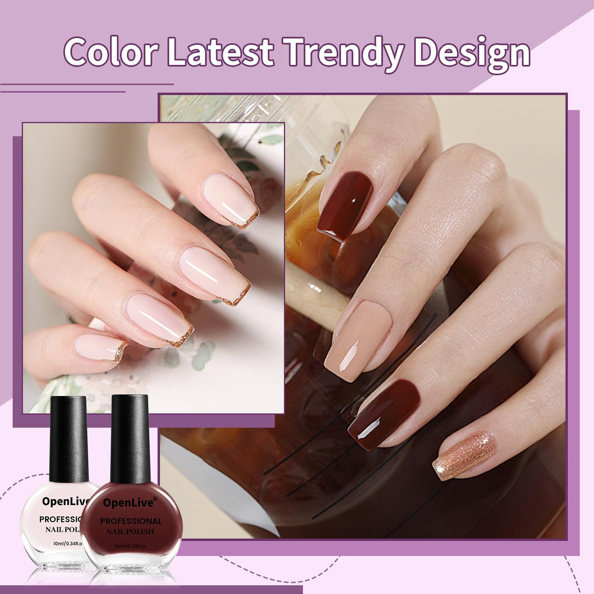 OpenLive Nail Polish bottle close-up showing coffee shade