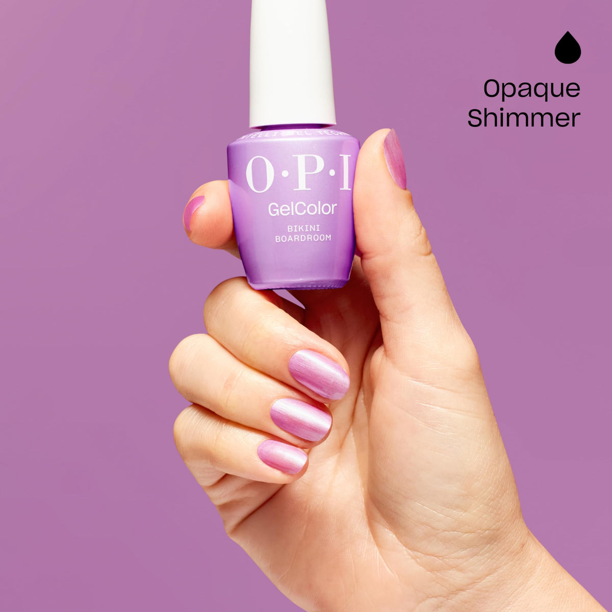 OPI GelColor Bikini Boardroom soft purple pearl shimmer with OPI Star Light LED lamp
