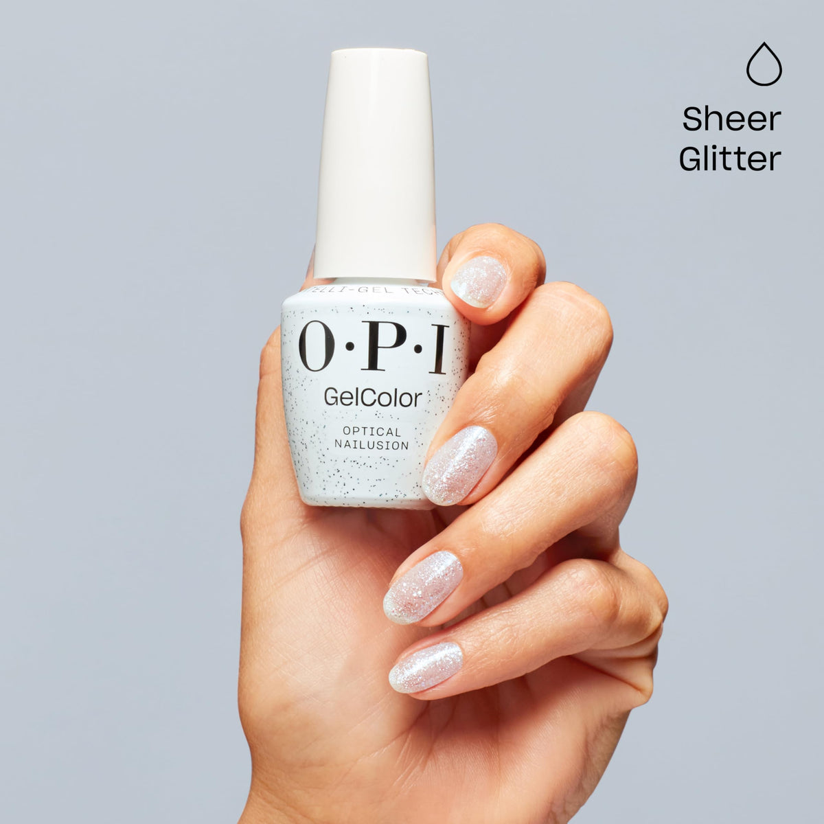 OPI GelColor Bright White Glitter Nail Polish curing under LED lamp