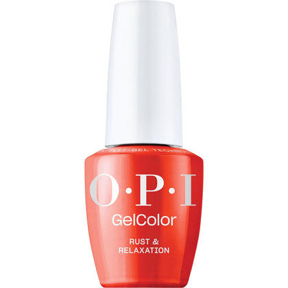 OPI GelColor Gel Nail Polish Rust & Relaxation bright red bottle front view