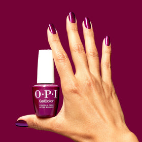 OPI GelColor Lincoln Park After Brunch polish curing under LED lamp