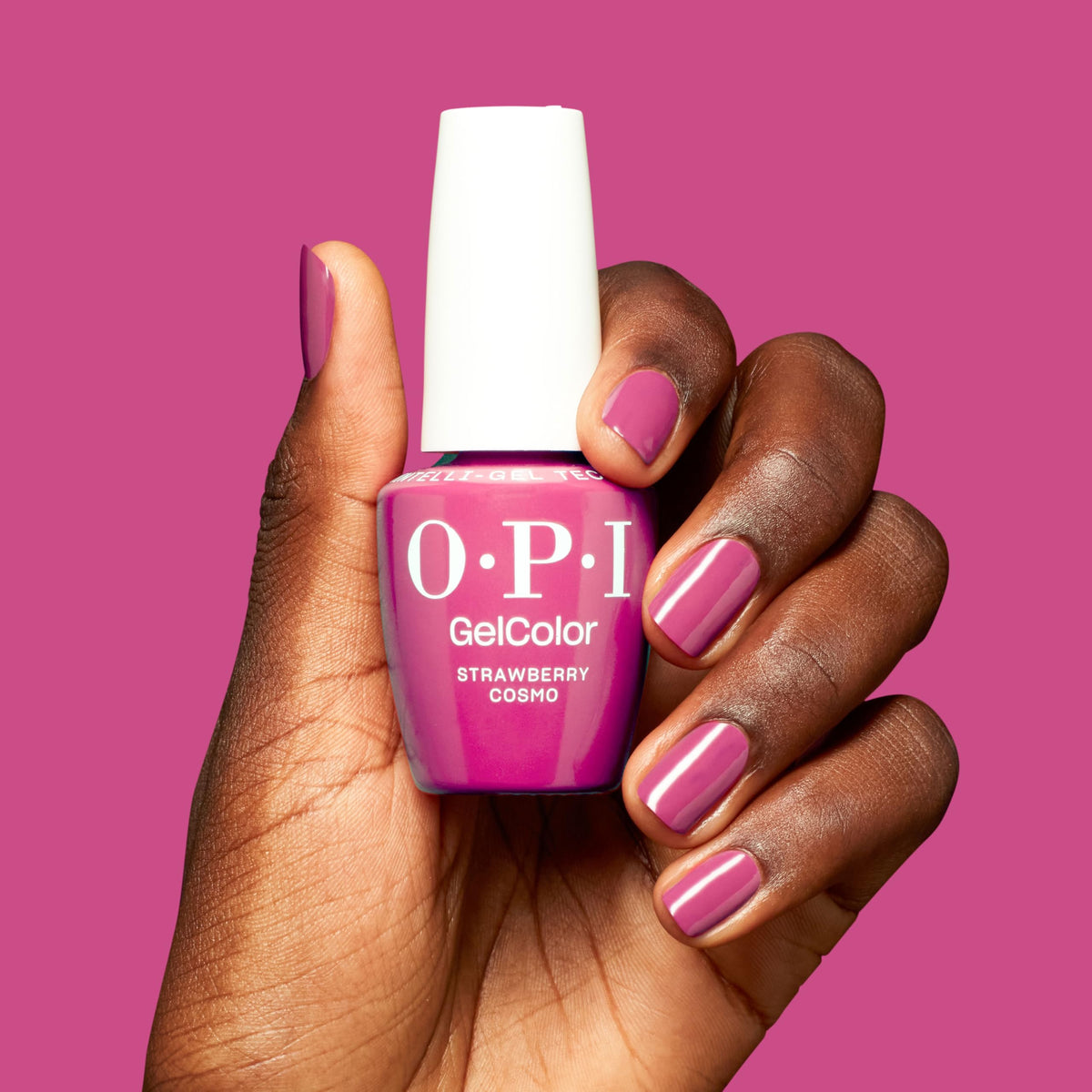 OPI GelColor Strawberry Cosmo Gel Nail Polish under LED lamp
