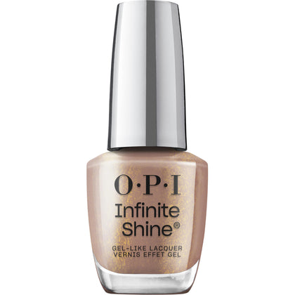 OPI Infinite Shine Track Suited Cutie nail polish front view with soft gold shimmer
