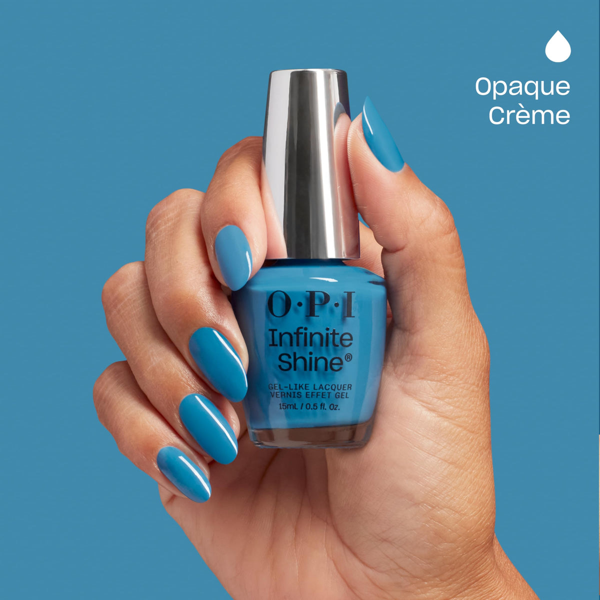 OPI It's In Your Jeans nail polish on a manicure table