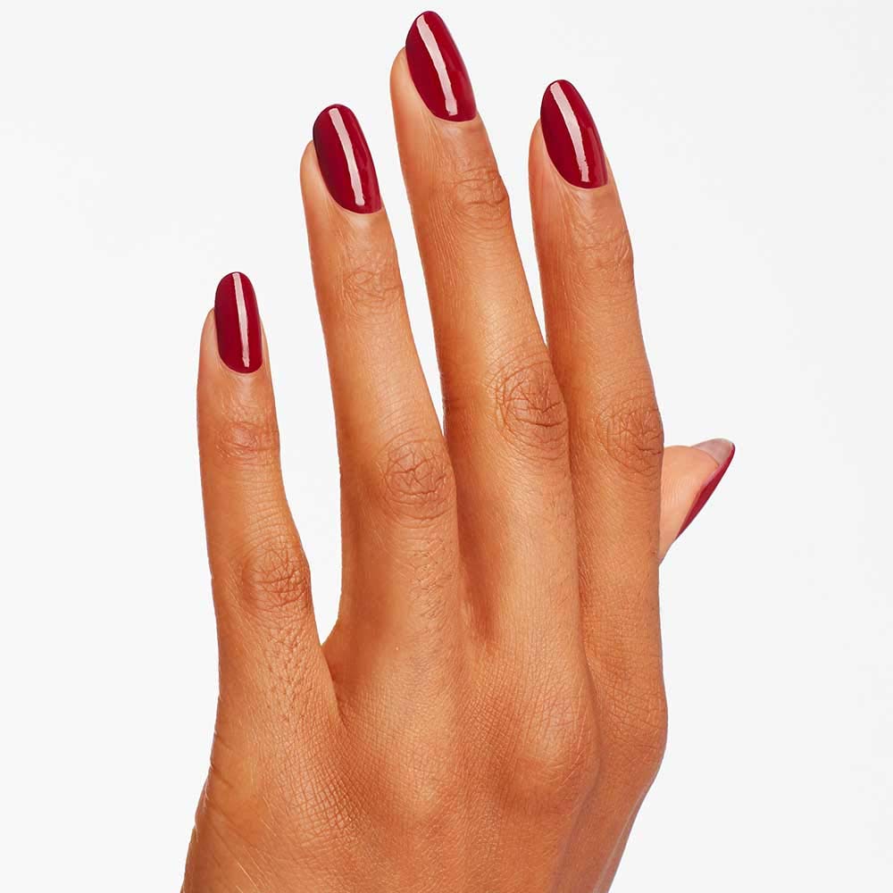OPI Nail Lacquer Malaga Wine dark red nail polish on nails