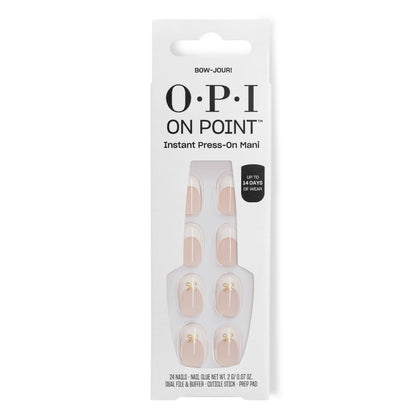 OPI On Point Bow-jour! press on nails front view with gold bow design