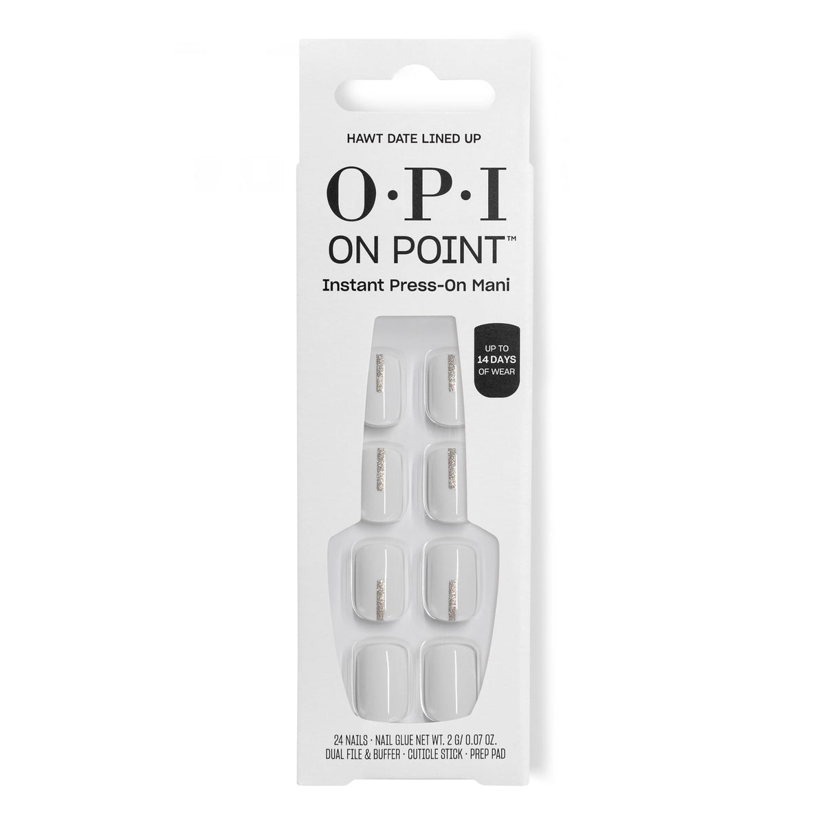 OPI On Point Hawt Date Press On Nails white with silver shimmer front view