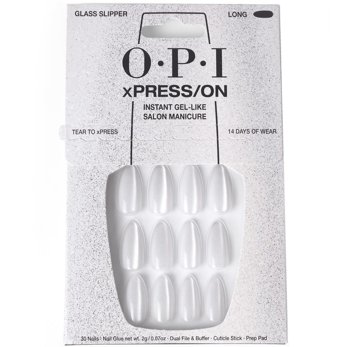 OPI xPRESS/ON Glass Slipper long almond press on nails front view