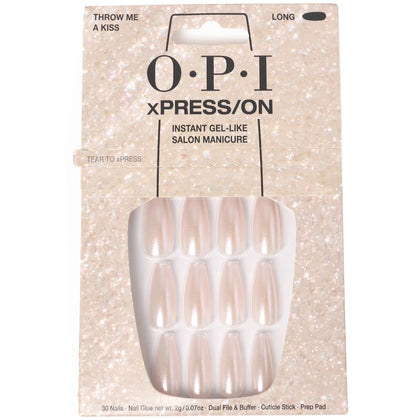 OPI xPRESS/ON Throw Me a Kiss soft pink long coffin nails front view