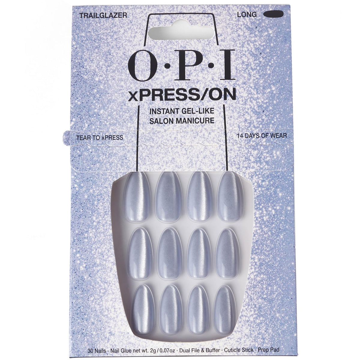 OPI xPRESS/ON Trailglazer Velvet Blue Long Almond Press On Nails front view