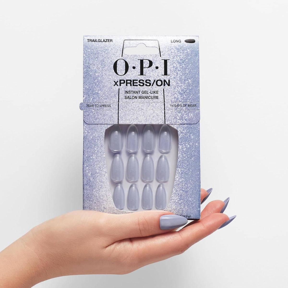 OPI xPRESS/ON Trailglazer Velvet Blue Long Almond Press On Nails on a hand