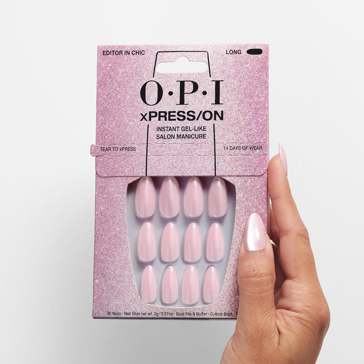 OPI xPRESS/ON Velvet Pink Long Almond nails on model