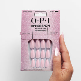 OPI xPRESS/ON Velvet Pink Long Almond nails on model