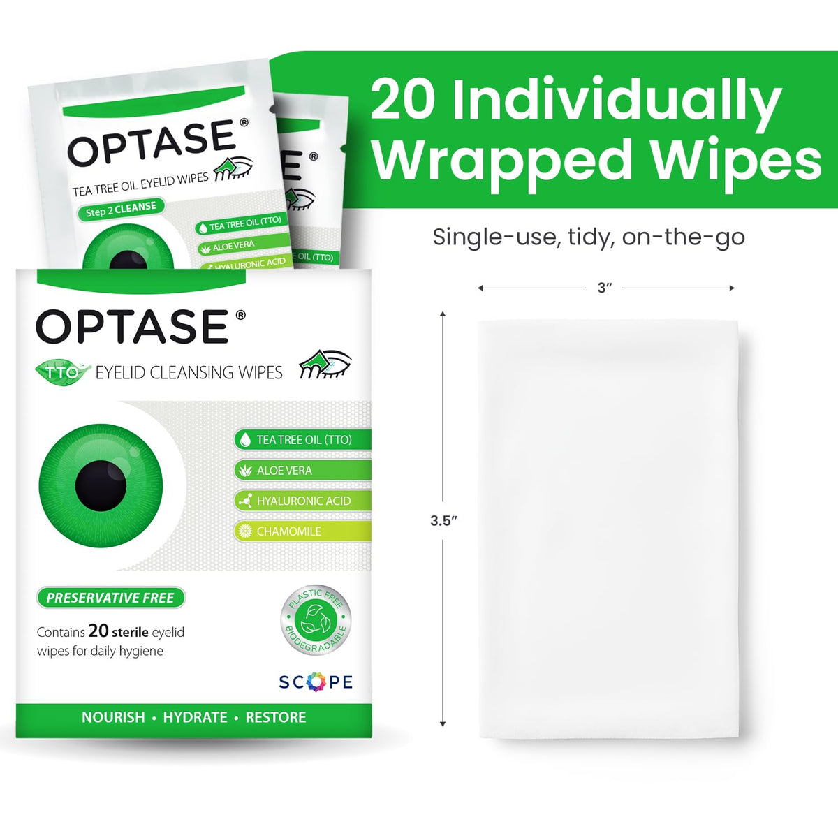 Optase Eyelid Cleansing Wipes 20 Count back view showing ingredients