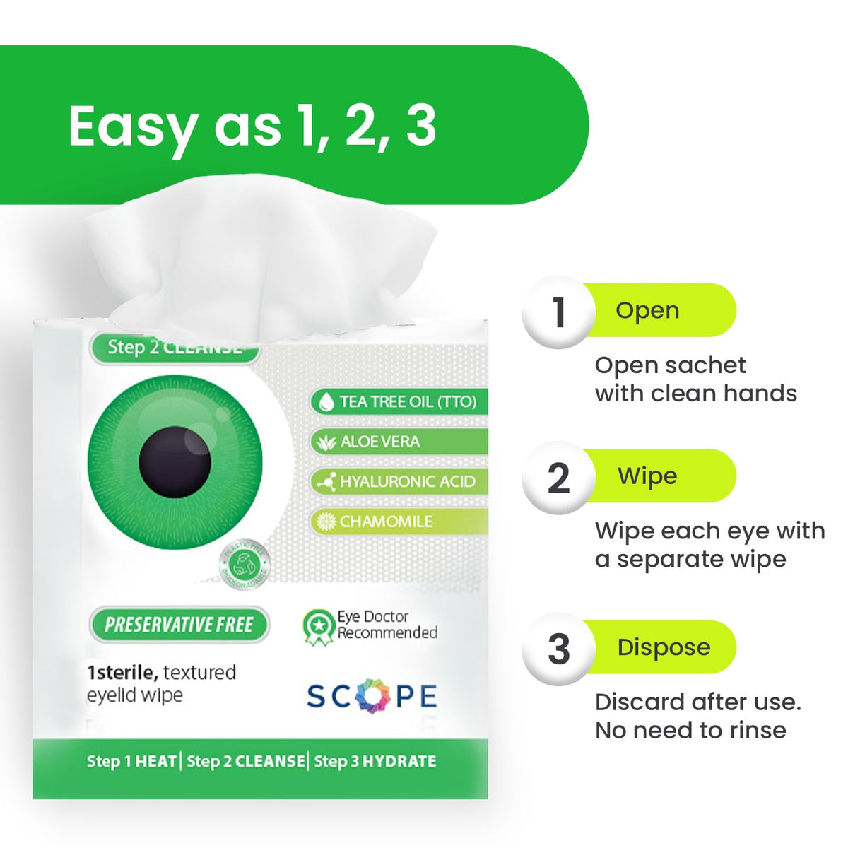 Optase Eyelid Cleansing Wipes in use on eyelid
