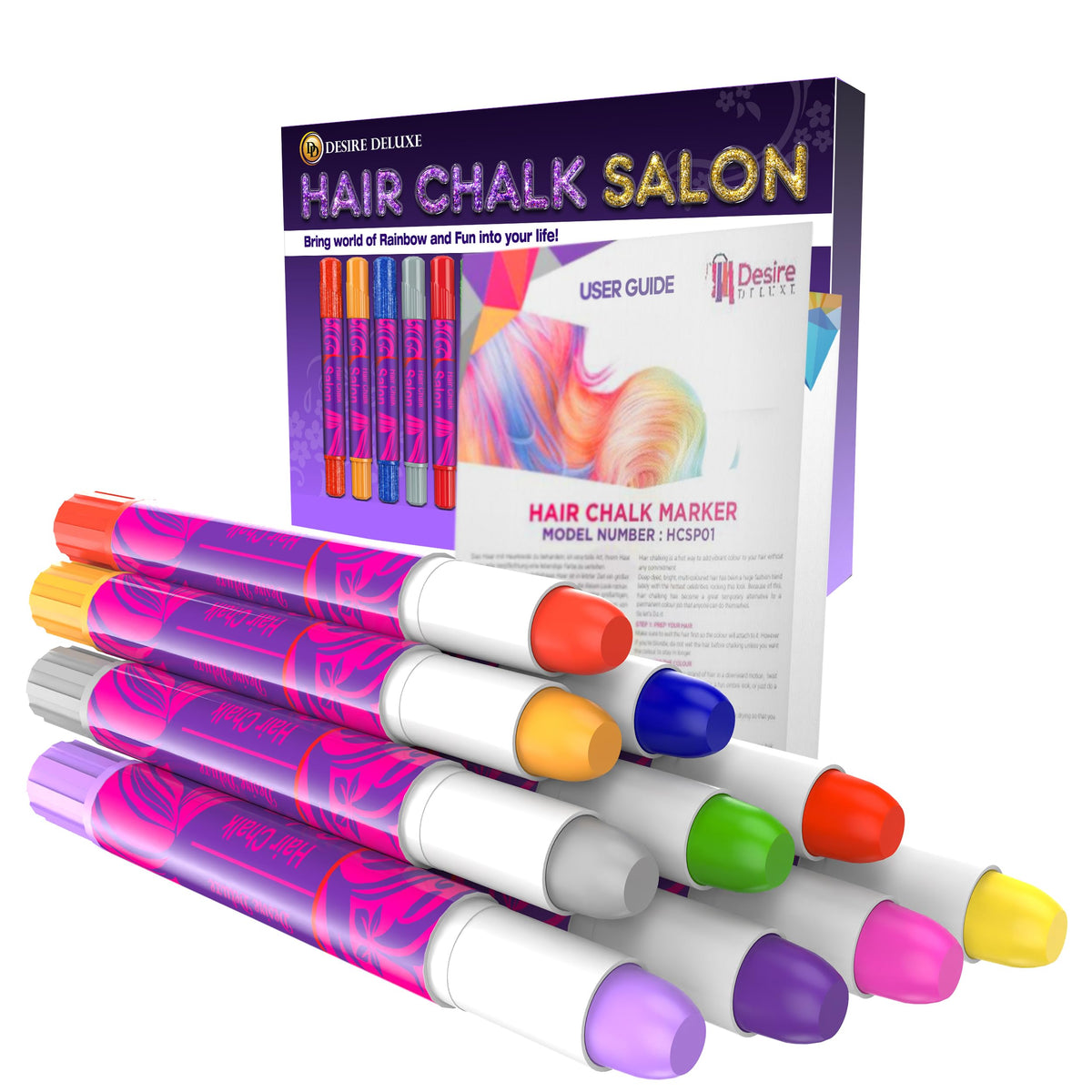 Orange hair chalk pen from Desire Deluxe with rainbow colours in the background