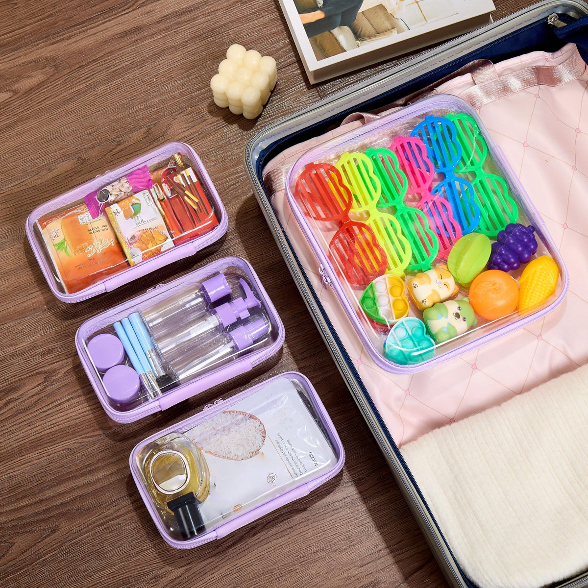 Organized toiletries inside WELPIRT clear pouches