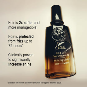 ORIBE Gold Lust Hair Oil with ingredients display