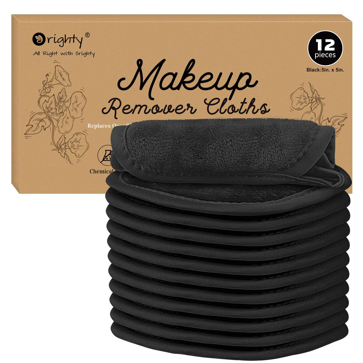 Orighty Makeup Remover Cloths 12 Pack front view with black cloths