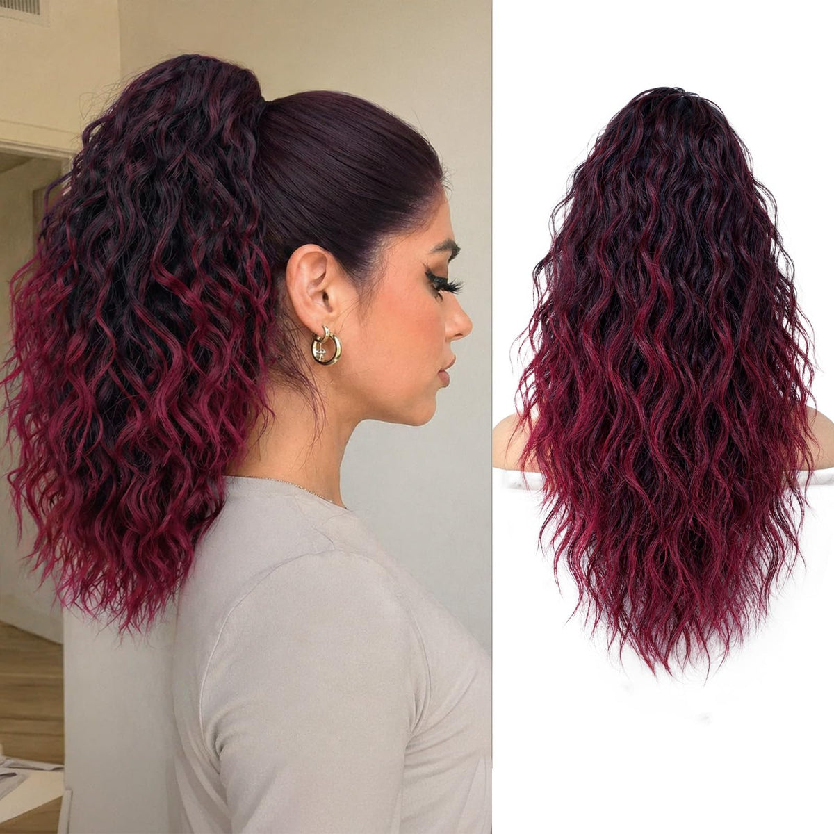ORSUNCER 18" Curly Ponytail Extension in Ombre Burgundy front view