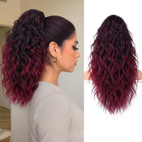 ORSUNCER 18" Curly Ponytail Extension in Ombre Burgundy front view
