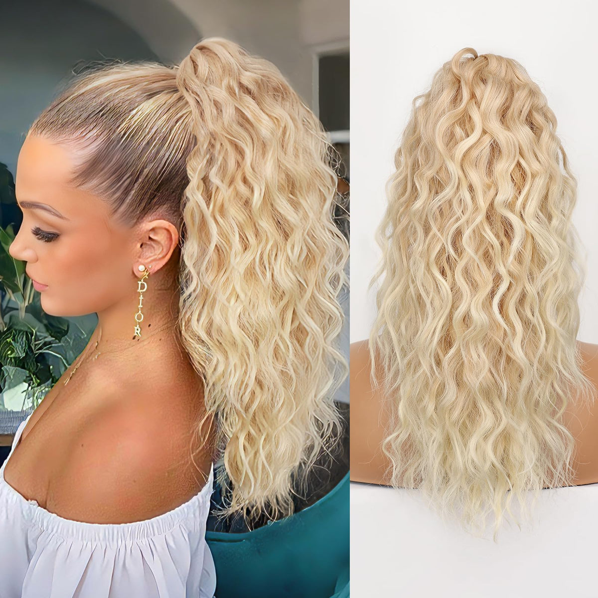 ORSUNCER 18" Wavy Ponytail Extension in light blonde, front view