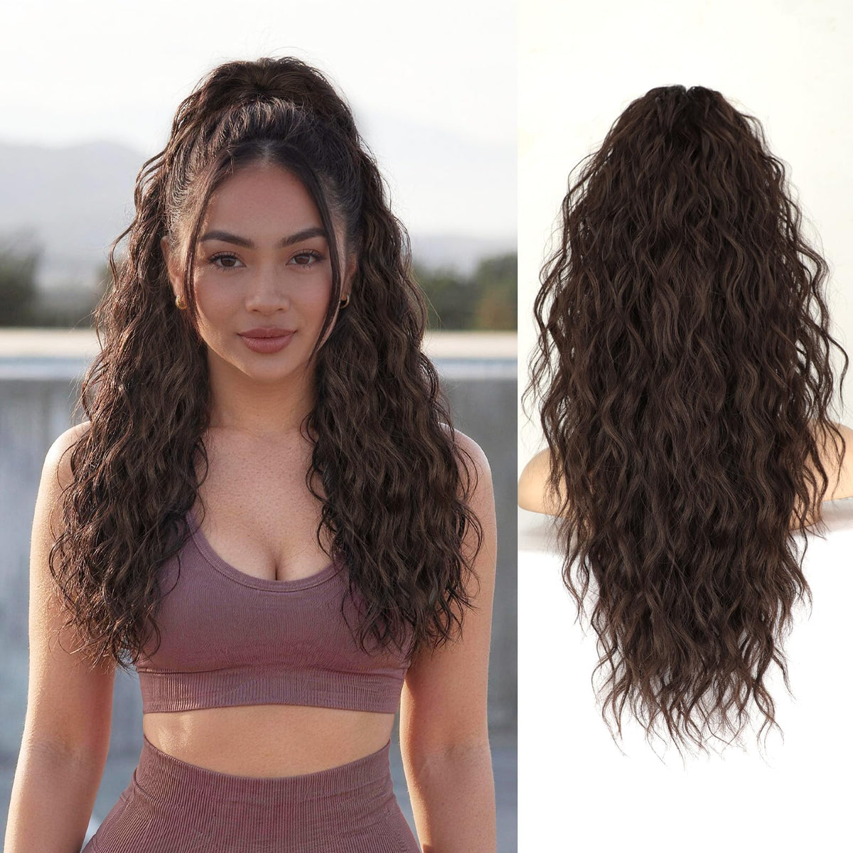 ORSUNCER 22-inch curly ponytail extension front view, dark brown