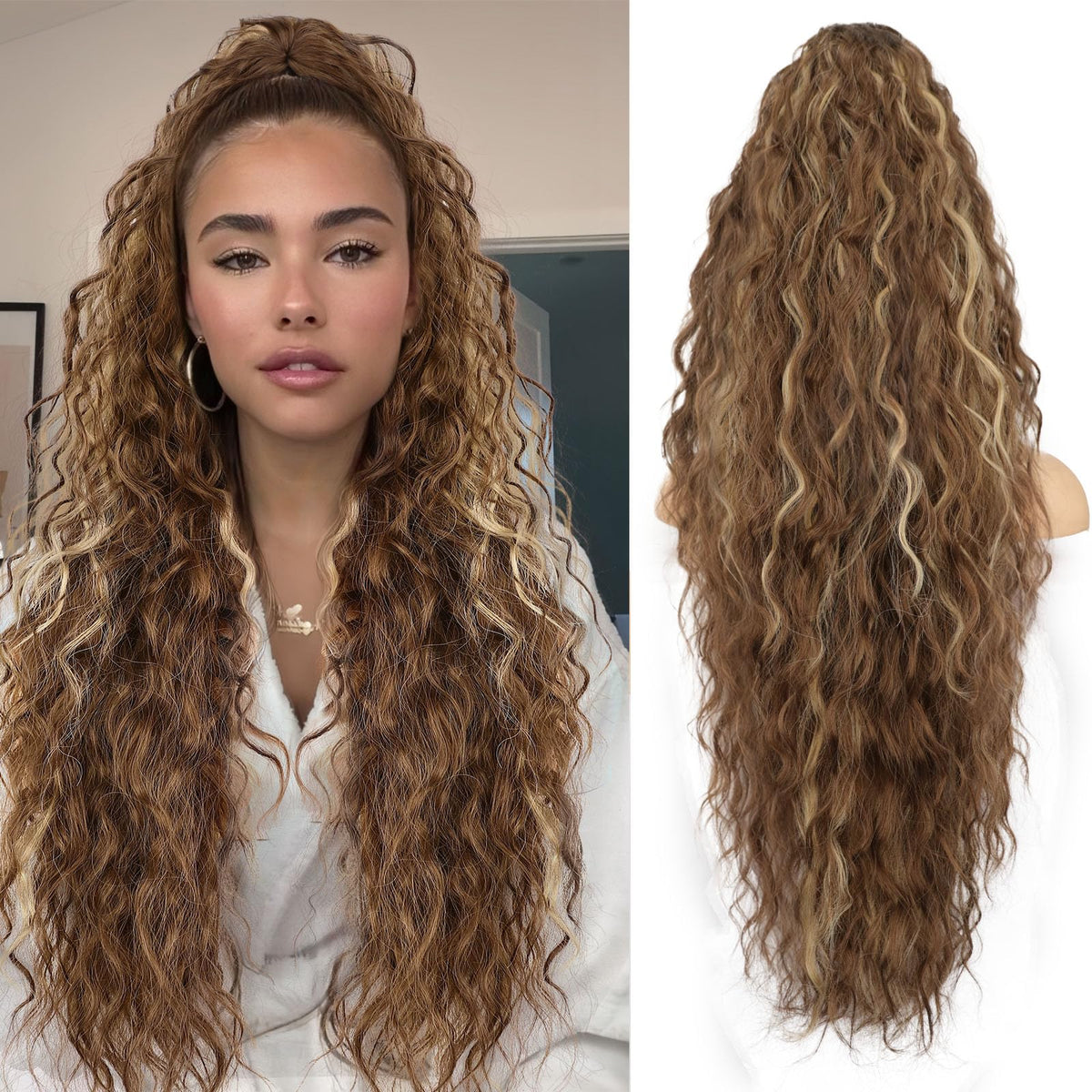 ORSUNCER 30" Curly Ponytail Extension in light brown highlights front view
