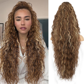 ORSUNCER 30" Curly Ponytail Extension in light brown highlights front view