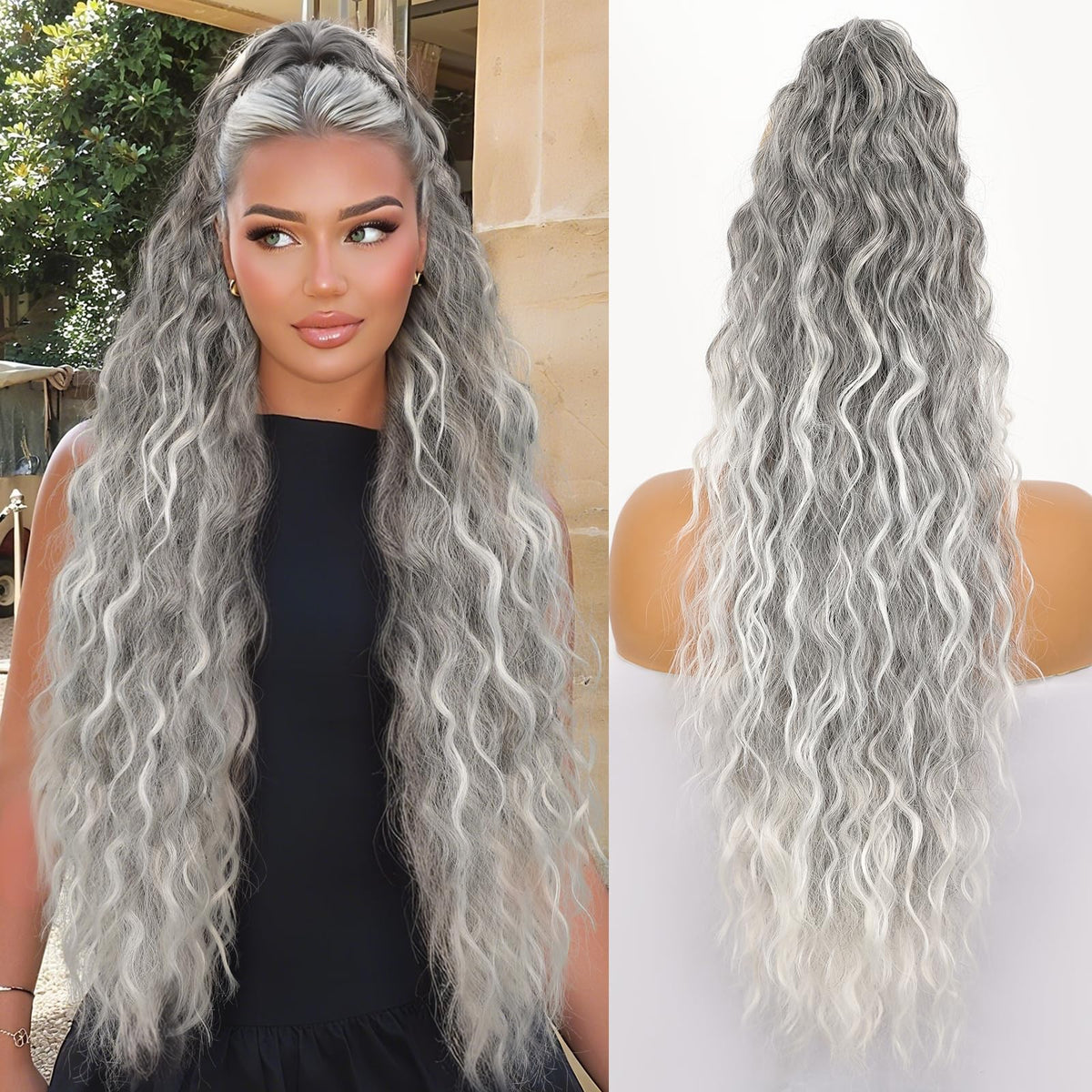 ORSUNCER 30" Curly Ponytail Extension in Ombre Grey front view
