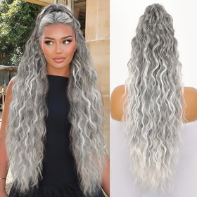 ORSUNCER 30" Curly Ponytail Extension in Ombre Grey front view