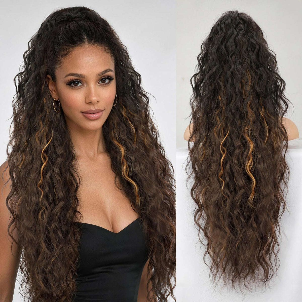 ORSUNCER 30-inch claw clip ponytail extension in brown with blonde highlights