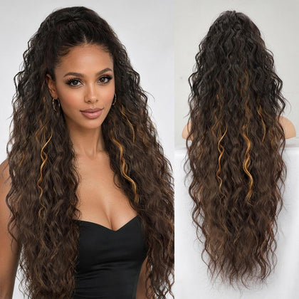 ORSUNCER 30-inch claw clip ponytail extension in brown with blonde highlights
