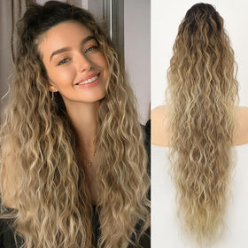 ORSUNCER 30-inch curly ponytail extension in black root with blonde ombre