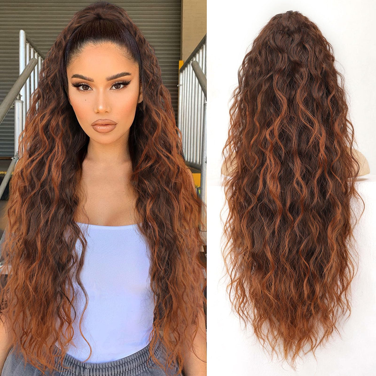 ORSUNCER 30-inch curly ponytail extension in ombre almond brown