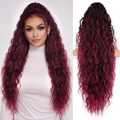 ORSUNCER 30-inch Curly Ponytail Extension in Ombre Burgundy front view
