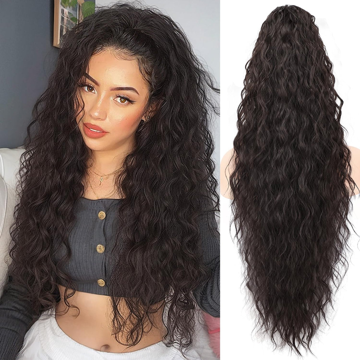ORSUNCER 30-inch Wavy Ponytail Extension in Black Brown