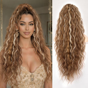 ORSUNCER 30-inch wavy ponytail extension in light ash brown front view