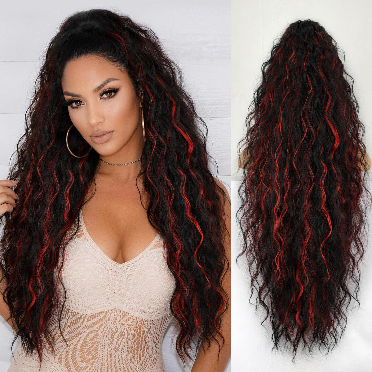 ORSUNCER 30" Wavy Ponytail Extension in Black Mix Red front view