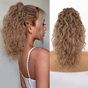 ORSUNCER Wavy Ponytail Extension 18 inch curly ombre brown front view