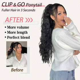 ORSUNCER Wavy Ponytail Extension 30-inch curly black mix ash blonde close-up of clip