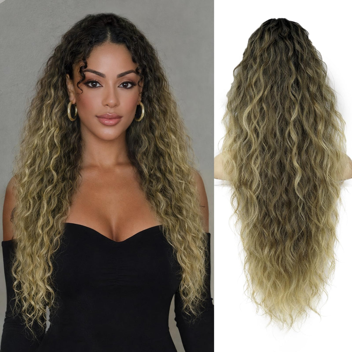 ORSUNCER Wavy Ponytail Extension 30-inch curly black mix ash blonde front view