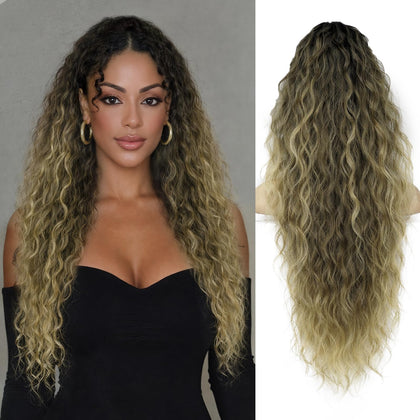 ORSUNCER Wavy Ponytail Extension 30-inch curly black mix ash blonde front view