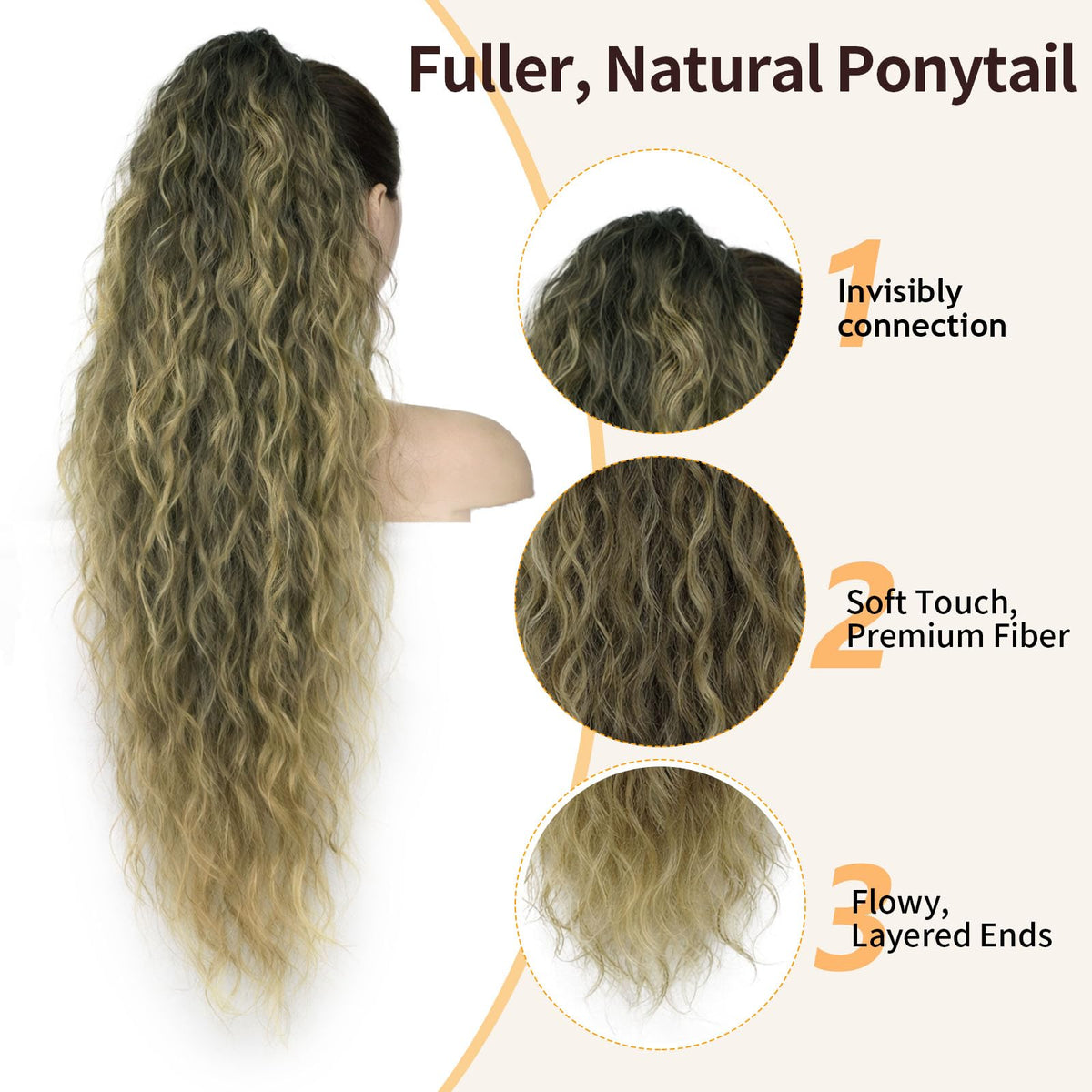 ORSUNCER Wavy Ponytail Extension 30-inch curly black mix ash blonde side view